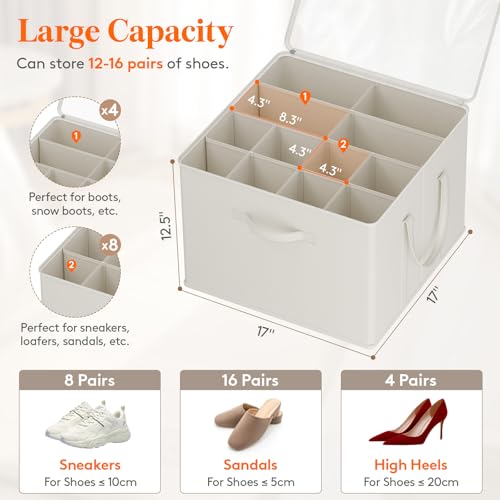 Lifewit Shoe Storage Organizer for Closet, Fabric Large Shoe Box Storage Containers with Clear Cover, Foldable Bins for Boots Heels Sneakers Fits 12-16 Pairs, 1 Pack White - color: White