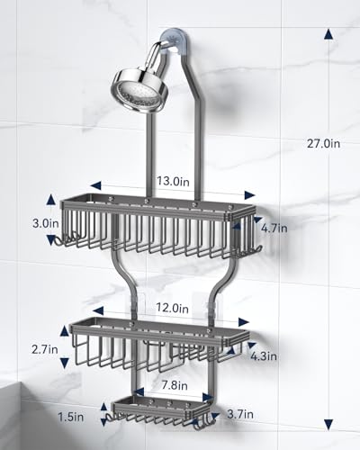 YASONIC Shower Caddy Hanging - Never Rust Organizer - Aluminum over The head caddy with 10 Hooks for Razor/Sponge - Shower Rack with Soap Basket - Grey - color: Grey