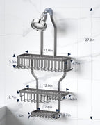 YASONIC Shower Caddy Hanging - Never Rust Organizer - Aluminum over The head caddy with 10 Hooks for Razor/Sponge - Shower Rack with Soap Basket - Grey - color: Grey
