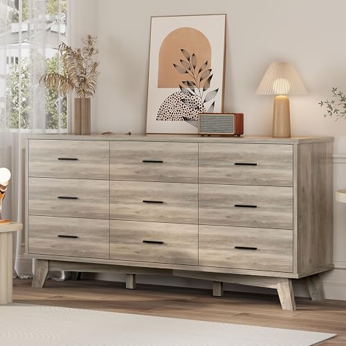 Xixini Dresser for Bedroom, 9 Drawer Wide Modern Chest of Drawers with X-Shaped Sturdy Base, Wood Double Dresser Closet Clothes Storage Organizer, Wooden TV Stand for Living Room, Hallway, Grey - color: Grey, size: 15.6"D x 59.1"W x 29.5"H (9 Drawers)