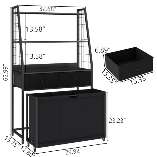 Gyfimoie Laundry Sorter with 2 Drawers, 3 Section Laundry Hamper with 2 Tiers Shelf,120L with Pull-Out Rolling Bags,Laundry Organizer for Laundry Room,Bathroom,Dorm (Black)