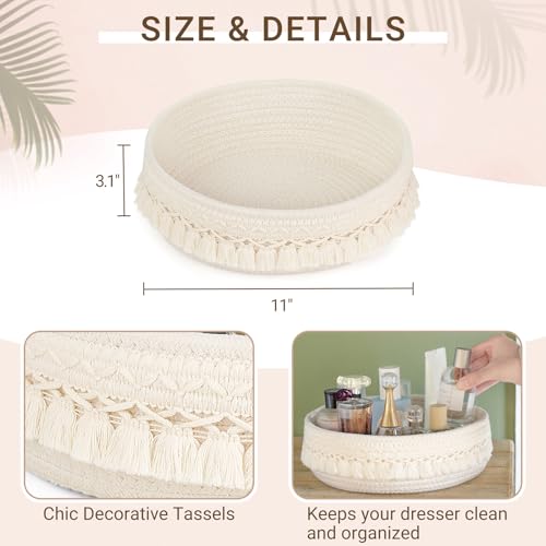 Mkono Makeup Perfume Holder Organizer Macrame Decorative Woven Rope Basket Boho Decor Cosmetics Desk Storage Baskets for Dresser Skin Care Lotions Essential Oils Dorm Room Essentials - color: Cream