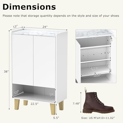 Giantex 5-Tier Shoe Cabinet with Doors, Faux Marble Shoe Rack Organizer with Anti-Tipping Kit & Flat Tilting Storage Shelves, Wooden Shoe Storage Cabinet for Entryway, Hallway, Living Room, White
