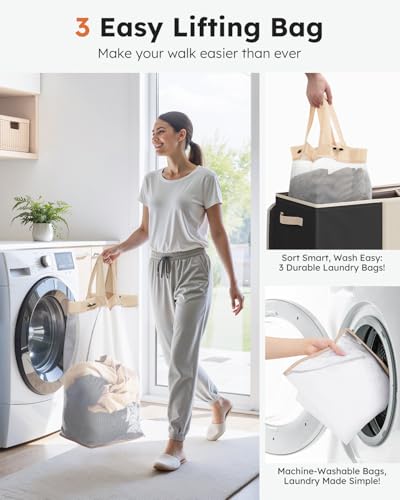 SOLEDI 180L 3-Section Laundry Hamper with Lid, Extra Large Dirty Clothes Basket with Sturdy Handles for Laundry Room & Bedroom - Durable Organizer for Sorting Laundry - color: Black/White/Moon Grey, size: 180L