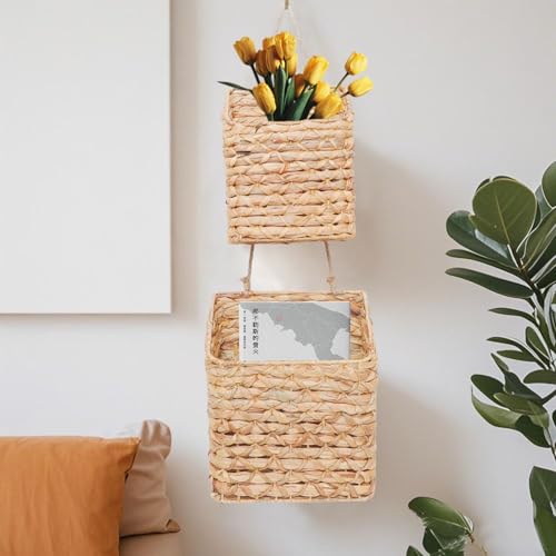 2-Tier Wall Hanging Wicker Water Hyacinth storage baskets Set,Woven Rustic Natural Farmhouse Door Baskets Organizer for decor,Kitchen Pantry, Home Office, Entryway, Bathroom - size: 2-Tier