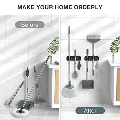 homeasy Wall Mount Mop and Broom Holder, Heavy Duty Stainless Steel Organizer Rack with Hooks | 4-Pack, 2-in-1 No Drill & Screw Installation, Black - color: Black-4