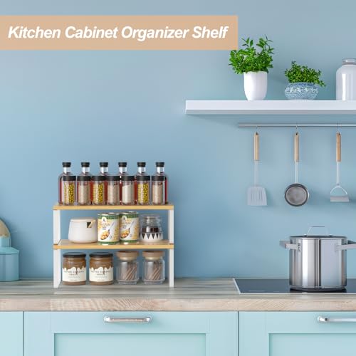 NEX Bamboo Cabinet Organizer Shelf, Set of 2 Kitchen Counter Shelves, Spice Rack, Stackable Kitchen Shelves Organizer, Pantry Cupboard Dish Mug Cup Storage Shelf, White and Natural - color: Cloud White + Natural Beige, size: 15.6''W