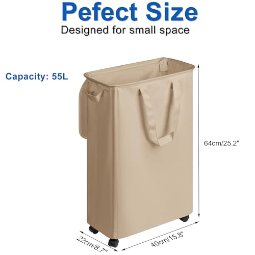 Vincona Slim Laundry Hamper with Lid and Wheels, Small Rolling Laundry Basket with Handle for Small Spaces, Tall Dirty Clothes Hampers for Dorm, Bathroom and Bedroom, 55L, Oatmeal - color: Oatmeal, size: 55L