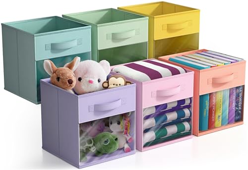 Sorbus 11 Inch Storage Bins with Clear Window - 6 Foldable Baskets for Organizing Clothes, Toys, Books - Sturdy Collapsible Fabric Storage Cubes with Handle - Storage Baskets for Shelves, Closets - color: Pastel Multi-Color with Window, size: 11 Inch