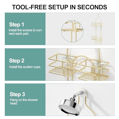SRIWATANA Shower Caddy Hanging, Bathroom Organizer, No Drilling Shelves Over Shower Head, Bath Rack Holder with Hooks for Razors and Sponge - Gold - color: Gold