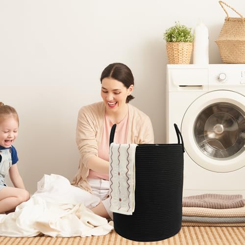 Woven Cotton Rope Laundry basket-15”X20” Laundry Hamper-Rope Storage Basket for Dirty Clothes, Toys and Blankets Perfect for Bathroom, Baby nursery and Living Room Storage (black) - color: black, size: regular