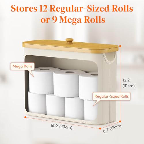 Lifewit Toilet Paper Storage Holder for 9 to 12 Rolls, Free Standing Toilet Paper Basket Stand with Bamboo Lid, Collapsible Fabric Bathroom Organizer Box for Mega Rolls, 23L, Large, White - color: White, size: 23L