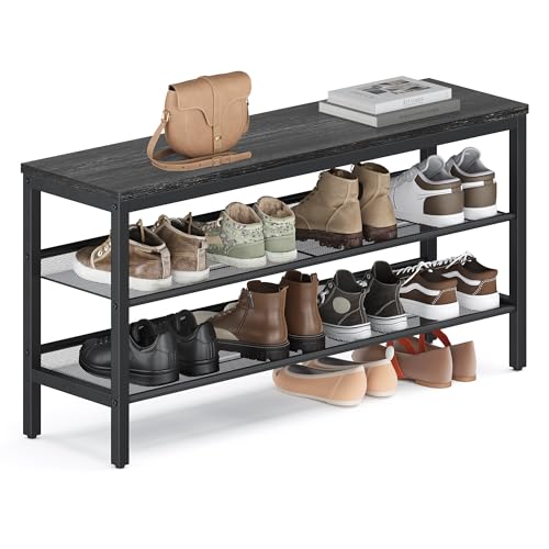VASAGLE 3 Tier Shoe Rack Bench, One Piece Shelves, Shoe Storage Organizer with Raised Edges, Industrial Style, Easy Assembly, 11 x 39.4 x 19.7 Inches, Charcoal Gray and Matte Black ULSB075BA01S - color: Charcoal Gray + Matte Black, size: 39.4"W