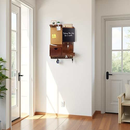 Key Holder Wall Mount， Mail Organizer Key Holder for Wall with Shelf, Drawer, Chalkboard, Corkboard, Home Decor Wall Mounted for Room Entryway(Vintage Brown) - color: Vintage Brown, size: Vertical