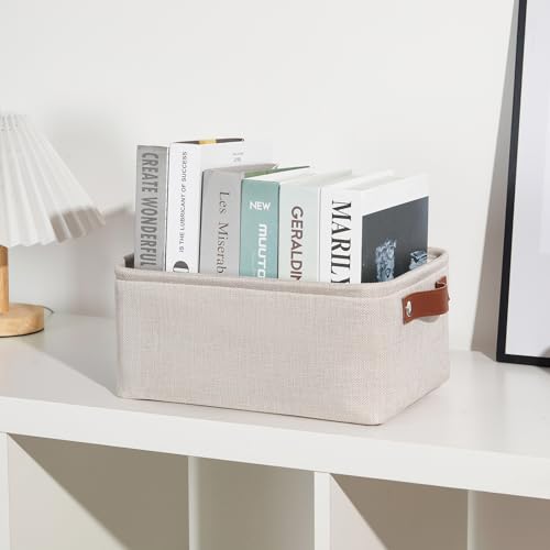 DULLEMELO Small Storage Basket for Shelves, Small Fabric Collapsible Rectangular Storage Bin for Shelves, Closets, Nursery, Home, Office, Empty Gift Basket (Beige) - color: Beige, size: Small-11.8"x7.9"x5.1"