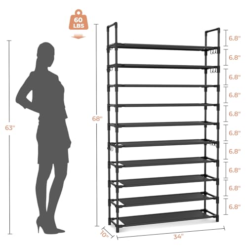 LANTEFUL Tall Shoe Rack 10 Tier Shoe Organizer Large Shoe Shelf with 18 Hooks Storage for 50 Pair, Stackable Vertical Shoe Rack Organizer for Closet, Entryway, Bedroom - color: Black, size: 10 Tier-68" High-34" Wide