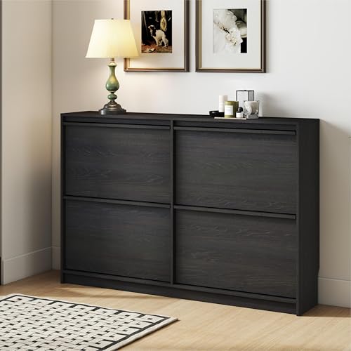 Shoe Cabinet with 4 Flip Drawers, Modern Narrow Shoe Storage Cabinet Organizer with Adjustable Shelf, Hidden Freestanding Shoe Rack for Entryway, Hallway, Living Room, Black - color: Black, size: 9.45"D x 47.24"W x 31.5"H(4 drawers)