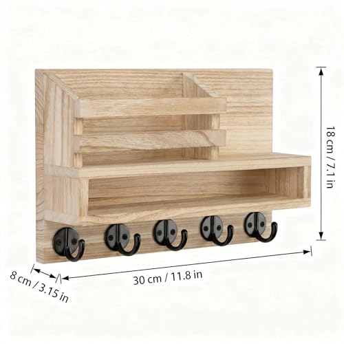 Wall Key Rack - Mail Organizer with 5 Key Hooks, Paulownia Wood, 11.8x7.1 Inches, Apartment Wall Decor, Installation Accessories Included (Light Burn Color) - color: Light burn color