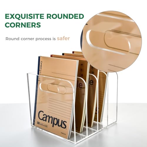 Acrylic File Holder for Desk - 4 Slot Vertical Magazine Organizer & Bookend - Clear Document Sorter Rack for Folders, Binders, Notebooks & Reports - Non-Slip Office Desktop Storage Sorter - size: A4, 4 Sections
