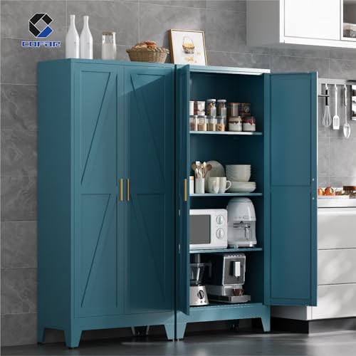 COFaR 61'' Tall Metal Storage Cabinet, Farmhouse Kitchen Pantry Cabinet with Doors and 3 Adjustable Shelves, Metal Pantry Storage Cabinets for Kitchen, Laundry, Peacock Blue 4-Tier - color: Peacock Blue, size: 61 Tall 2 Doors-Tree Door