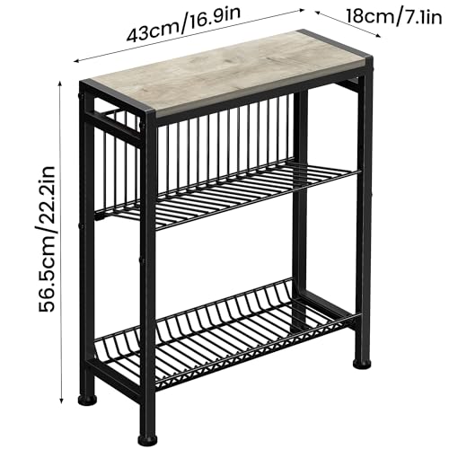 Narrow Side Table for Small Space, 3-Tier End Table with Magazine Holder, Slim Nightstand with Wire Shelf, Skinny Bedside Table in Living Room, Bedroom, Study, Kitchen and Balcony(Greige) - color: Upgrade-greige