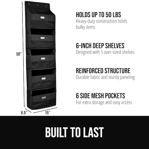 GORILLA GRIP Over The Door Organizer Storage, 5 Deep Hanging Shelves, Holds 50lbs, Closet Organizers Shelf for Bedroom, Shoes, Bathroom, Nursery, Dorm Essentials, 3 Metal Hooks, 58x15 Inches, Black - color: Black, size: 5 Shelf