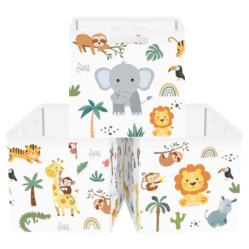Clastyle Jungle Animal Storage Cube Organizer Set Tree Closet Clothes Cube with Metal Frame Foldable Parents Organizer Storage Basket for Book Toy,White,11.8x11.8x11.8 in - color: White