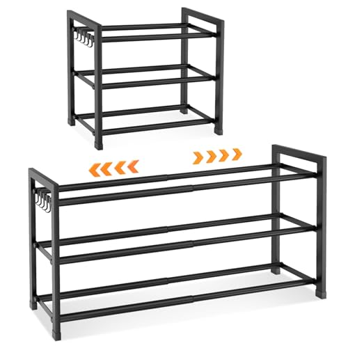 LANTEFUL Adjustable 18"-33" Expandable Shoe Rack for Closet 12 Pairs Small Spaces 3 Tier Shoe Organizer with 5 Hooks Metal Shoe Shelf for Entryway, Bedroom