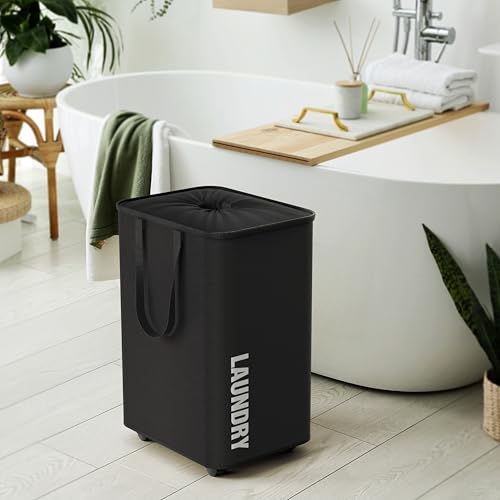 Simple Houseware Large 82L Laundry Basket with Wheels, Collapsible Waterproof Hamper with Handles and Mesh Cover, Black - color: Black