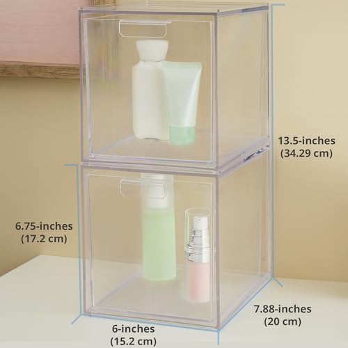 STORi Audrey Stackable Bin Clear Plastic Organizer Drawers | 2 Piece Set | Organize Cosmetics and Beauty Supplies on a Vanity | Made in USA - size: 6.75" Tall Set
