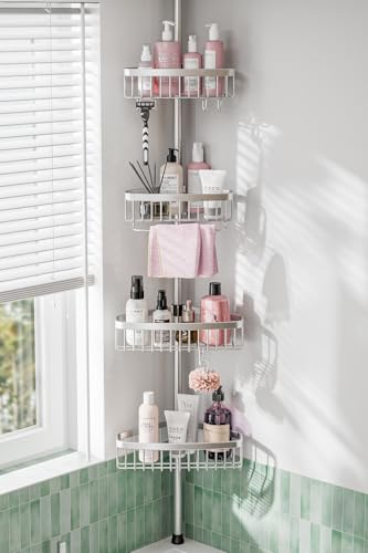 ESSEME Corner Shower Caddy Tension Pole: Adjustable Rustproof 4-Tier Inside Bathroom Organizer - 47-121 inch Quick Installation Bathtub Shelves for Shampoo Storage - Rod Floor Standing Bath Rack - color: Silver