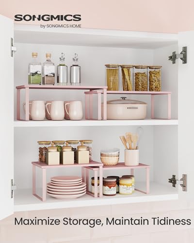 SONGMICS Cabinet Organizer Shelf, Set of 2 Kitchen Counter Shelves, Kitchen Storage, Spice Rack, Stackable, Expandable, Metal and Engineered Wood, Jelly Pink UKCS020S01 - color: Jelly Pink, size: 11.7"W