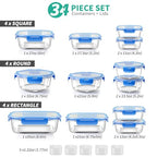 34pcs Glass Food Storage Containers with Lids Set, Airtight Glass Meal Prep Containers (17 Containers & 17 Lids), Leak Proof Lunch Container BPA-Free, Microwave, Oven, Freezer, Dishwasher Safe-Blue - color: Blue