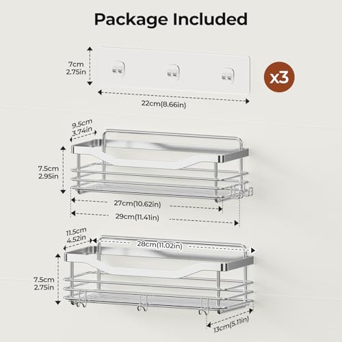 Orimade Shower Caddy Basket Shelf Storage Rack Pack of 2, No Drilling Wall Mounted Adhesive Rust Resistant Stainless Steel Shower Organizer with 5 Hooks for Bathroom, Toilet, Kitchen - color: Silver, size: 4.56"D x 11.02"W x 3.11"H