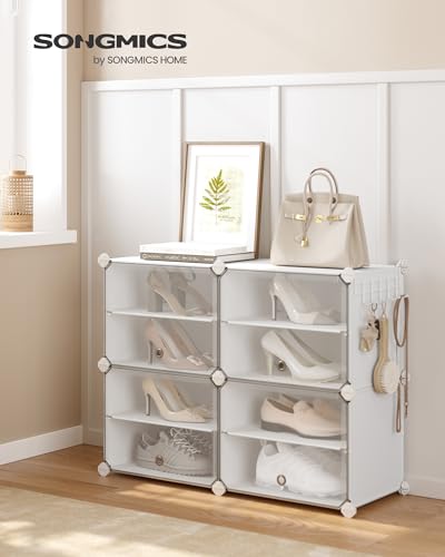 SONGMICS Shoe Rack Organizer, 4-Tier Shoe Storage Cabinet for Closet and Entryway, Holds 16 Pairs of Shoes, Adjustable, Cloud White and Trasparent ULPC032W01 - color: Cloud White + Trasparent, size: 4 Cubes