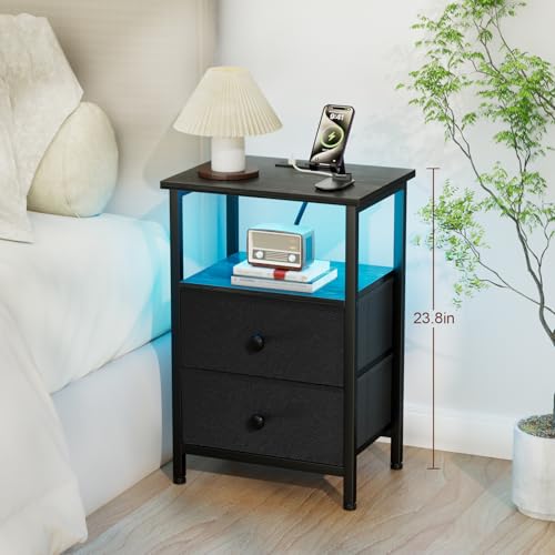 LOAKEKEL LED Night Stand with Charging Station, Small Bedside Table with USB Ports & Outlets, 2 Fabric Storage Drawers with PU Finish for Bedroom, Black, HETS02BK-1 - color: Black, style: Two-drawer