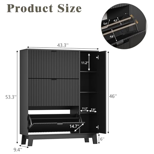 Shoe Cabinet Storage for Entryway with 3 Flip Drawers & Side Cabinet, Fluted Narrow Shoe Organizer with Wooden Leg, Freestanding Shoe Storage Hidden Shoe Rack Organizer for Front Door Entrance, Black - color: Black, size: 3 Drawer with Door