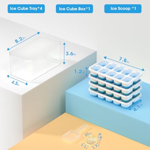 DOQAUS Ice Cube Tray with Lid and Bin - 4 Pack Silicone Ice Cube Trays for Freezer, Stackable Ice Bucket Kits with Storage Container & Scoop for Kitchen, RV, Cocktail, Coffee - color: Blue
