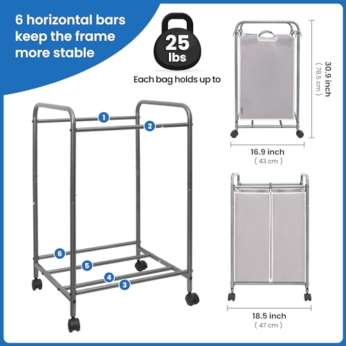 STORAGE MANIAC Laundry Sorter 2 Section, 90 L Gal Laundry Hamper with Wheels, Clothes Basket Separator Sorter, 2 Bag Clothes Cart with Wheels and Removable Bags for Closet, Dorm, Collage, Grey - color: Gray, size: 2 Section