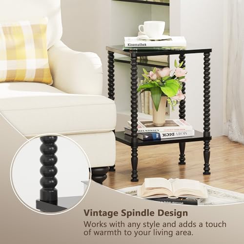 Side Table, 2-Tier Wood End Table, Vintage Bedside Nightstand with Open Storage Shelf for Living Room, Bedroom, Office, Black - color: Black, size: 2-Tier