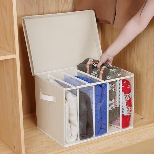 Zilink Upgraded Clothes Organizers with Lids and Support Boards Large Sweater Organizer for Closet Shelf with 5 Grids Divider Wardrobe Organizer for Sweaters, Jeans, Pants, Beige, 3 Pack - color: Beige - For Sweater