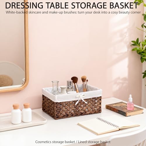 Water Hyacinth Storage Basket Small with Metal Frame & Removable Liner, 11.8”×7.9”×5.5” Rectangular Woven Organizer Bin for Bathroom Vanity, Desk, Nursery, Closet, Home Organization - size: Small