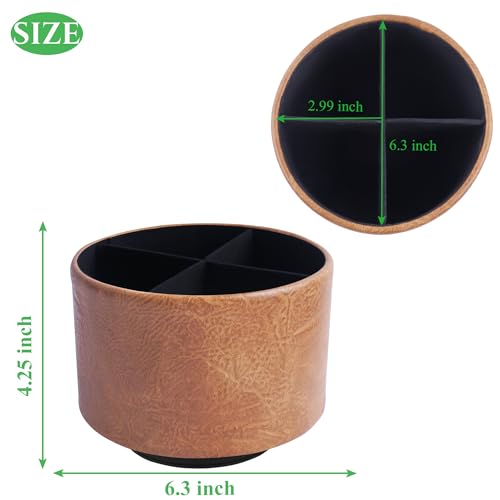 Hennaja Round Leather Art Supply Organizer,Remote Control Holder,360 Degree Spinning,Multi-Functional Pencil Holder,4 Compartments Desktop Stationary Organizer(1-Crazy Brown) - color: 1-Crazy Brown