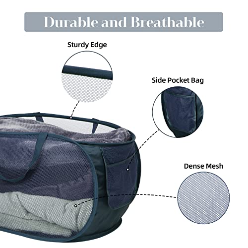 Durable Collapsible Laundry Baskets, Mesh Pop Up Laundry Hamper with Side Pocket, Foldable Clothes Storage Hamper with Reinforced Carry Handles for Laundry, Bathroom, Kids Room, Dorm or Travel Navy - color: Navy Blue