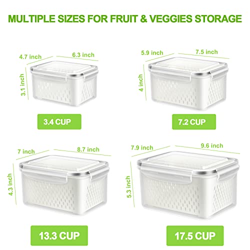 TBMax Fruit Storage Containers for Fridge Organizers and Storage, 4 Pack Large Produce Saver with Airtight Lid & Colander for Berry Lettuce Salad Vegetable Storage, Refrigerator Organizers