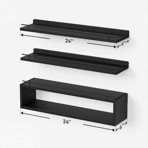 WOPITUES Floating Shelves for Wall 24 inch with Cube Shelf, Wall Shelves with Metal Rail for Decor, Bathroom Organizers and Storage, Over Toilet Shelves for Bathroom, Toilet Paper-Black - color: Black, size: 23.6 inch