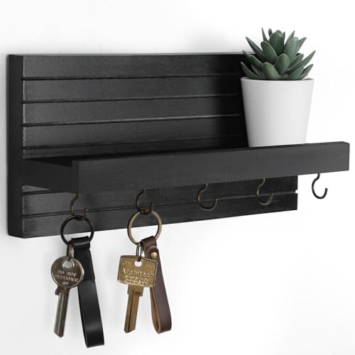 Lwenki Decorative Key Holder for Wall with Shelf, Entryway Shelf with Hooks Holds Leashes, Jackets and Glasses – Sturdy Wood Keyholder Entrance Hanger with Mounting Hardware (Black, Medium) - color: Black, size: Medium
