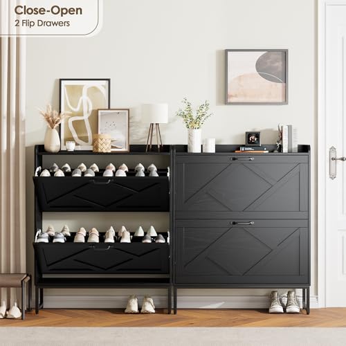 Nicetree Shoe Storage Cabinet with 2 Flip Drawers, Freestanding Shoe Organizer, Shoe Cabinet with Metal Legs, Narrow Shoe Rack Cabinet, Farmhouse Slim Shoe Cabinet for Entryway, Foyer, Hallway, Black - color: Black, style: 2-Drawers