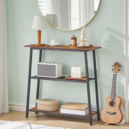 HOOBRO Narrow Console Table, 3-Tier Small Entryway Table with Storage Shelves, Behind Couch Sofa Table, Hallway Table for Entryway, Foyer, Hallway, Living Room, Rustic Brown and Black BF62XG01 - color: Rustic Brown + Black