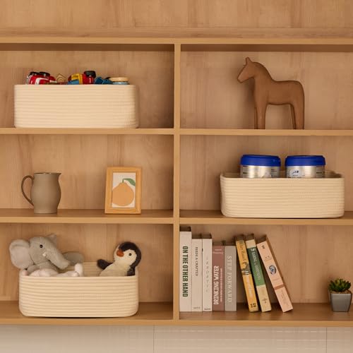 MiniArk Large Shallow Organizing Baskets 15x11x5.1 Inches - Rope Woven Storage Bins for Bathroom, Shelves, Cube Closet, Beige 2 Packs - color: Beige, size: 2pcs-L15×W11×H5.1"